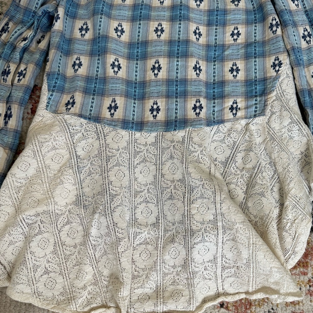 VTG 90s Angie Women S Southwestern Button Up Top Lace Peplum Blue Plaid Boho - Picture 11 of 15